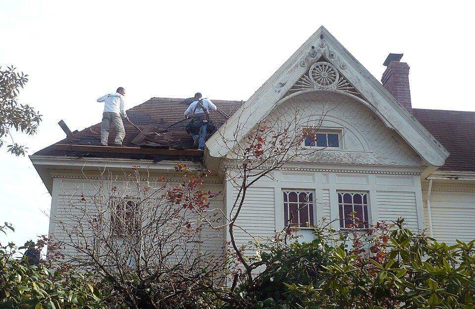 Roofing crew at work on a home